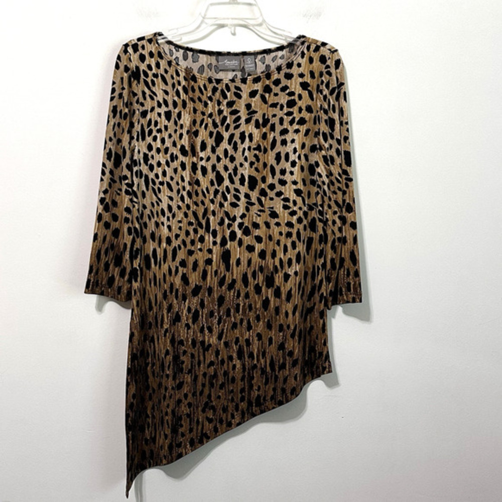 Chicos Travelers Cheetah Print Tunic Top‎ 0 Small Asymmetric Hem Popover Party